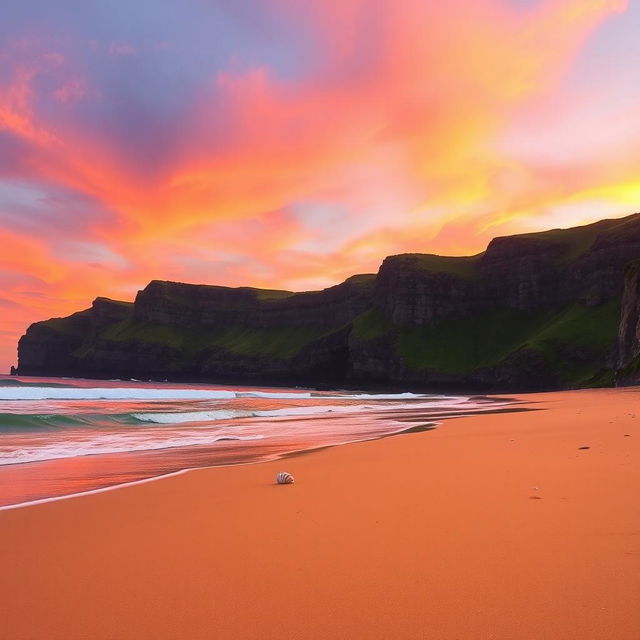 A serene landscape featuring a pristine beach at sunset