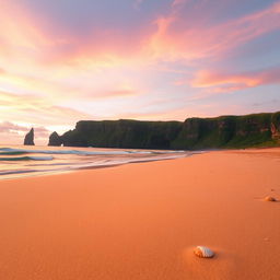 A serene landscape featuring a pristine beach at sunset