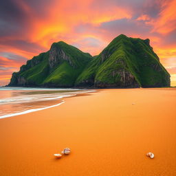 A serene landscape featuring a pristine beach at sunset
