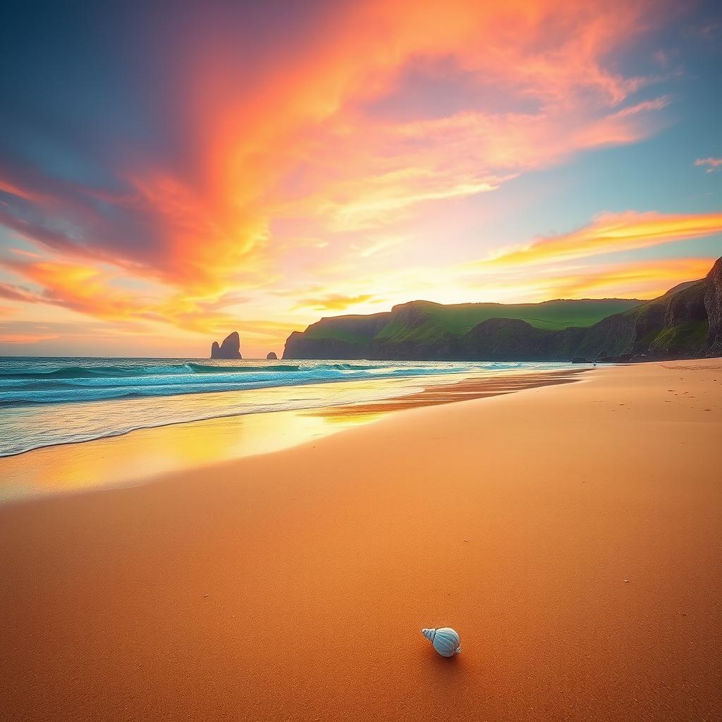 A serene landscape featuring a pristine beach at sunset