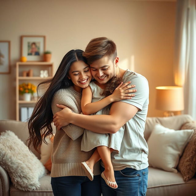 A heartwarming scene depicting a mother, father, and child embracing each other in a loving family moment