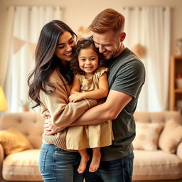 A heartwarming scene depicting a mother, father, and child embracing each other in a loving family moment
