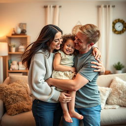 A heartwarming scene depicting a mother, father, and child embracing each other in a loving family moment