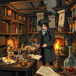 A detailed illustration of a 1700s-era science laboratory, filled with vintage equipment like brass telescopes, glass beakers, and alchemical tools