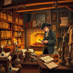 A detailed illustration of a 1700s-era science laboratory, filled with vintage equipment like brass telescopes, glass beakers, and alchemical tools