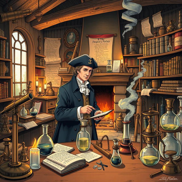 A detailed illustration of a 1700s-era science laboratory, filled with vintage equipment like brass telescopes, glass beakers, and alchemical tools