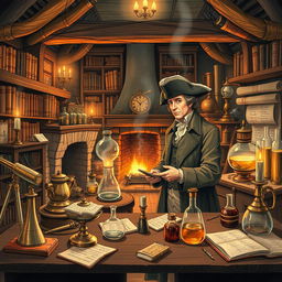 A detailed illustration of a 1700s-era science laboratory, filled with vintage equipment like brass telescopes, glass beakers, and alchemical tools