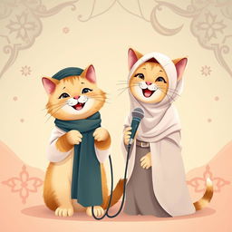 A charming and friendly scene featuring two cats: a male cat wearing a traditional Islamic thobe and a female cat dressed modestly in a hijab and a long dress