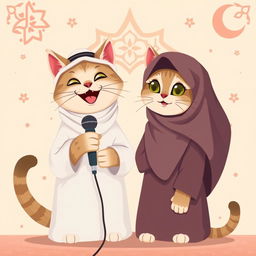 A charming and friendly scene featuring two cats: a male cat wearing a traditional Islamic thobe and a female cat dressed modestly in a hijab and a long dress