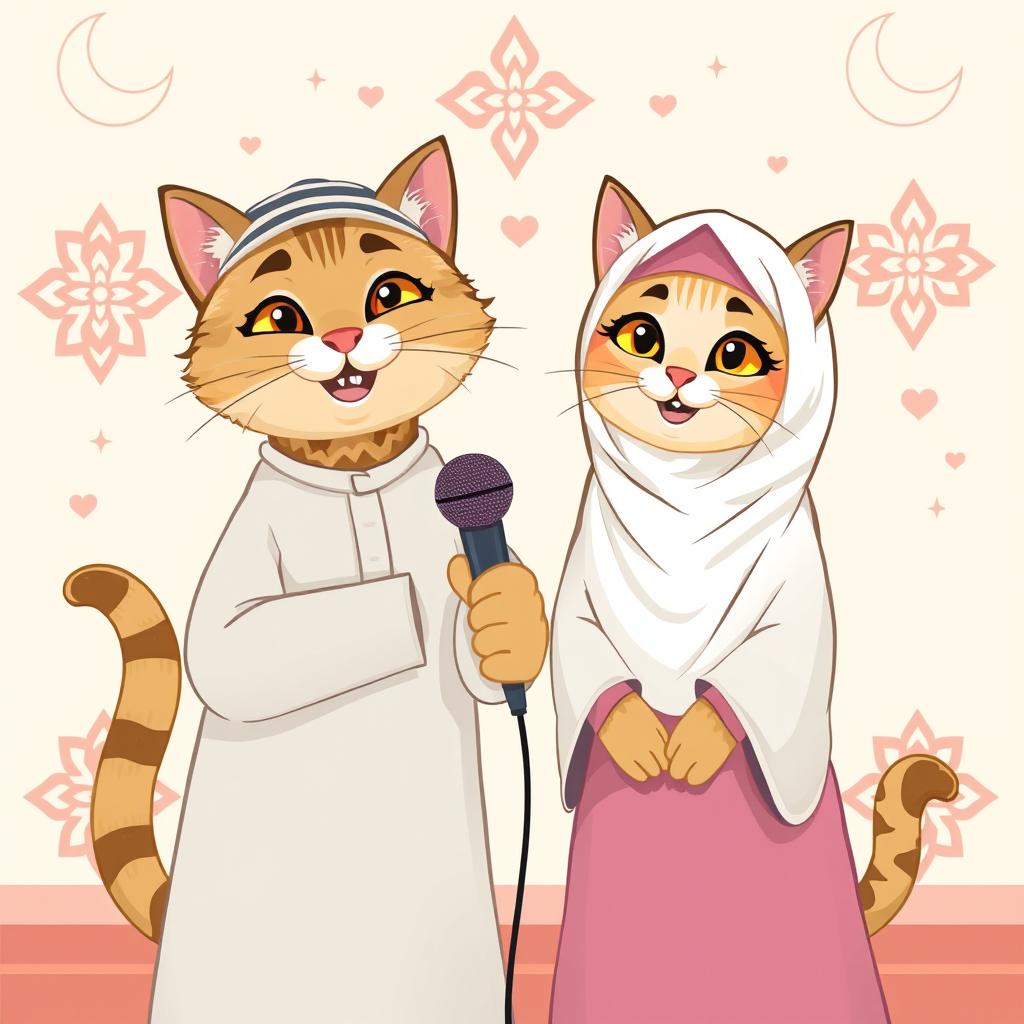 A charming and friendly scene featuring two cats: a male cat wearing a traditional Islamic thobe and a female cat dressed modestly in a hijab and a long dress