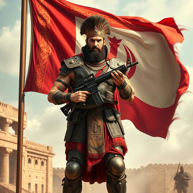 A dynamic scene featuring Cyrus the Great, armed with an M4 rifle, confidently standing tall