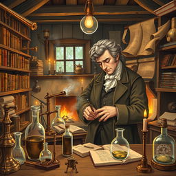 A detailed illustration of a 1700s-era science laboratory, filled with vintage equipment like brass telescopes, glass beakers, and alchemical tools