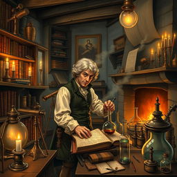 A detailed illustration of a 1700s-era science laboratory, filled with vintage equipment like brass telescopes, glass beakers, and alchemical tools