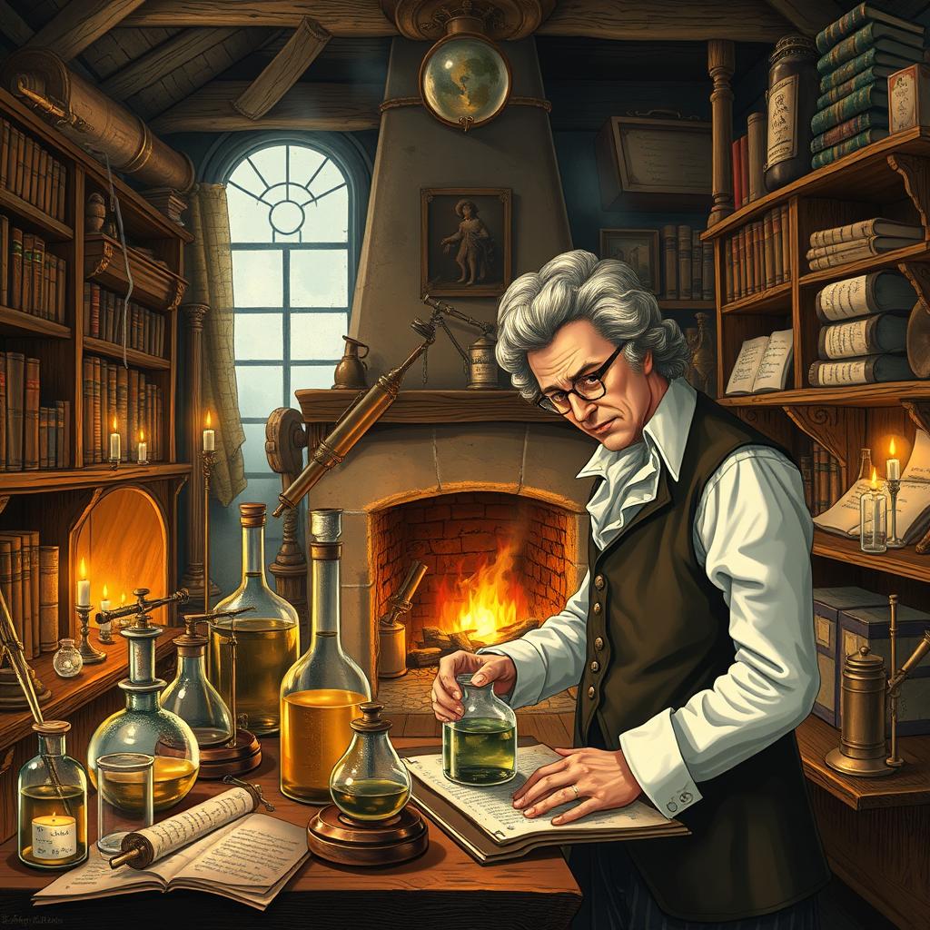 A detailed illustration of a 1700s-era science laboratory, filled with vintage equipment like brass telescopes, glass beakers, and alchemical tools