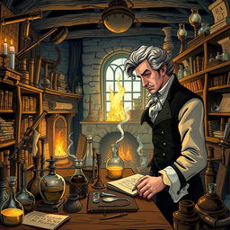 A detailed illustration of a 1700s-era science laboratory, filled with vintage equipment like brass telescopes, glass beakers, and alchemical tools