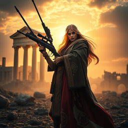 A breathtaking scene of a powerful female warrior standing confidently, holding an AWM sniper rifle, draped in a majestic cloak featuring the Achaemenid Empire flag