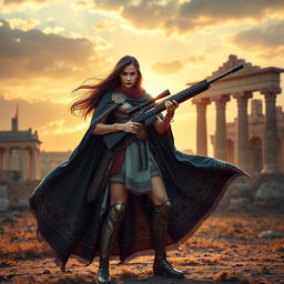 A breathtaking scene of a powerful female warrior standing confidently, holding an AWM sniper rifle, draped in a majestic cloak featuring the Achaemenid Empire flag