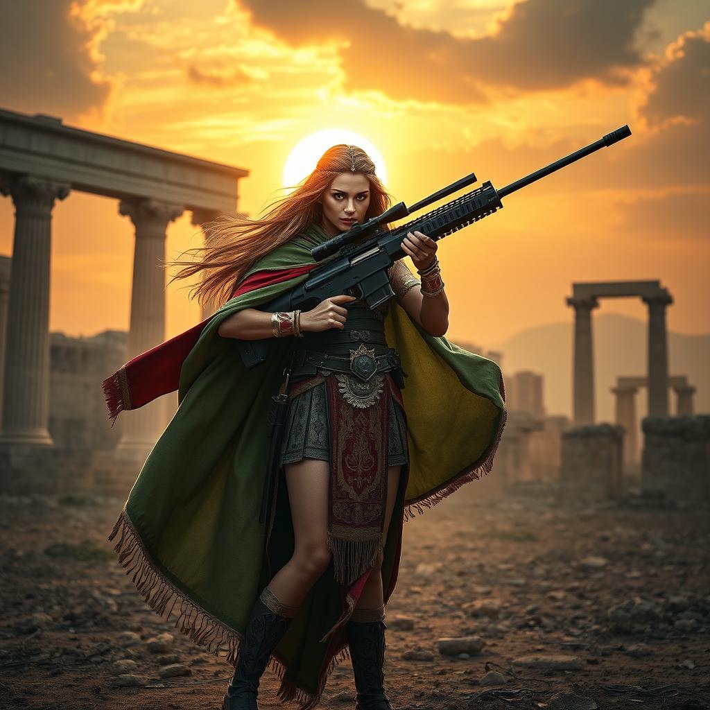 A breathtaking scene of a powerful female warrior standing confidently, holding an AWM sniper rifle, draped in a majestic cloak featuring the Achaemenid Empire flag