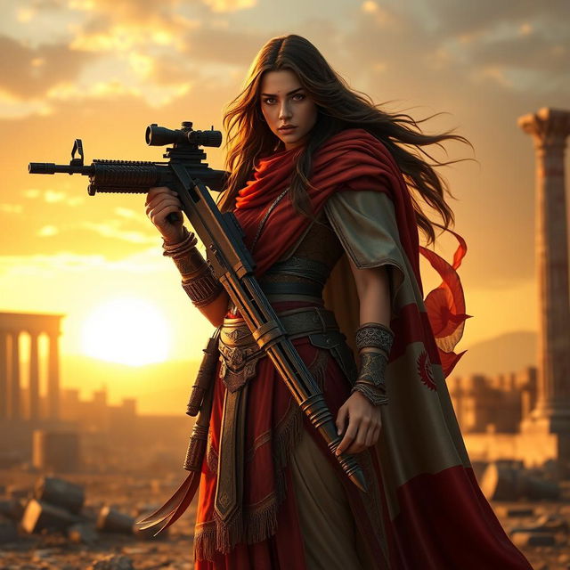 A breathtaking scene of a powerful female warrior standing confidently, holding an AWM sniper rifle, draped in a majestic cloak featuring the Achaemenid Empire flag