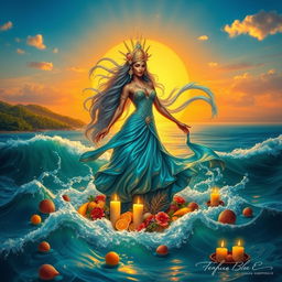 An ethereal depiction of the sea goddess Yemanjá, a revered figure in Brazilian culture, emerging gracefully from the ocean waves under a vibrant sunset