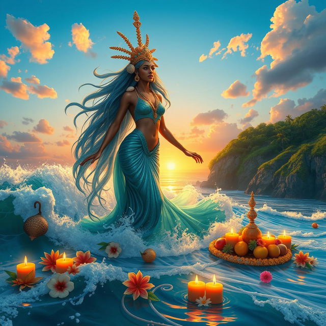 An ethereal depiction of the sea goddess Yemanjá, a revered figure in Brazilian culture, emerging gracefully from the ocean waves under a vibrant sunset