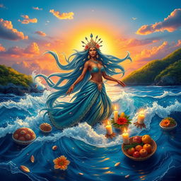 An ethereal depiction of the sea goddess Yemanjá, a revered figure in Brazilian culture, emerging gracefully from the ocean waves under a vibrant sunset