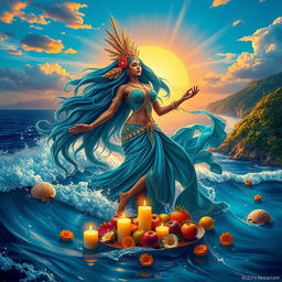 An ethereal depiction of the sea goddess Yemanjá, a revered figure in Brazilian culture, emerging gracefully from the ocean waves under a vibrant sunset