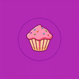 A logo design featuring a cute pink muffin placed in the center, set against a vibrant purple background