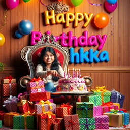 A realistic illusion image of an 18-year-old girl sitting on an ornate king chair, joyfully cutting a colorful birthday cake