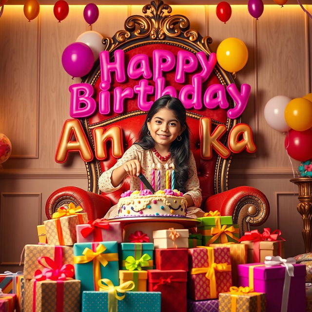 A realistic illusion image of an 18-year-old girl sitting on an ornate king chair, joyfully cutting a colorful birthday cake