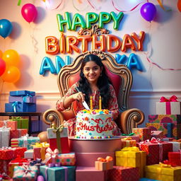 A realistic illusion image of an 18-year-old girl sitting on an ornate king chair, joyfully cutting a colorful birthday cake