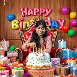 A realistic illusion image of an 18-year-old girl sitting on an ornate king chair, joyfully cutting a colorful birthday cake