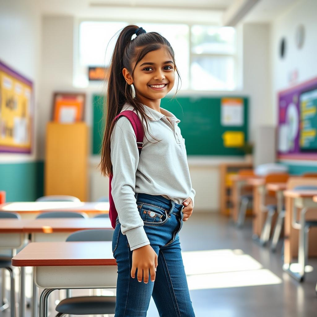 A stylish Indian school girl, confidently posing in a modern classroom, wearing tight skinny jeans and a trendy school shirt