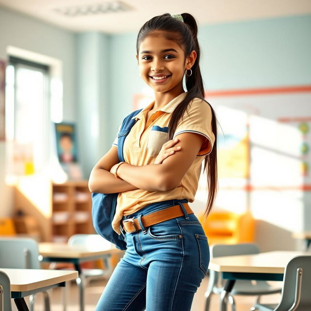 A stylish Indian school girl, confidently posing in a modern classroom, wearing tight skinny jeans and a trendy school shirt