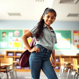 A stylish Indian school girl, confidently posing in a modern classroom, wearing tight skinny jeans and a trendy school shirt