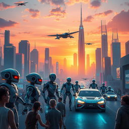 A futuristic cityscape at sunset, featuring vibrant neon lights and flying cars