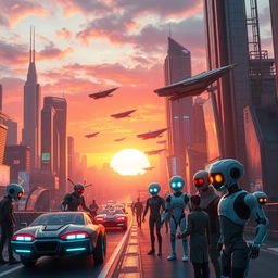 A futuristic cityscape at sunset, featuring vibrant neon lights and flying cars