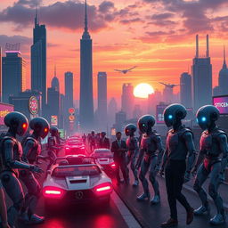 A futuristic cityscape at sunset, featuring vibrant neon lights and flying cars