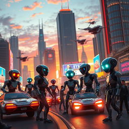 A futuristic cityscape at sunset, featuring vibrant neon lights and flying cars