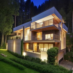 A large, modern duplex house with a spacious balcony. The house is bathed in warm lighting, surrounded by greenery.