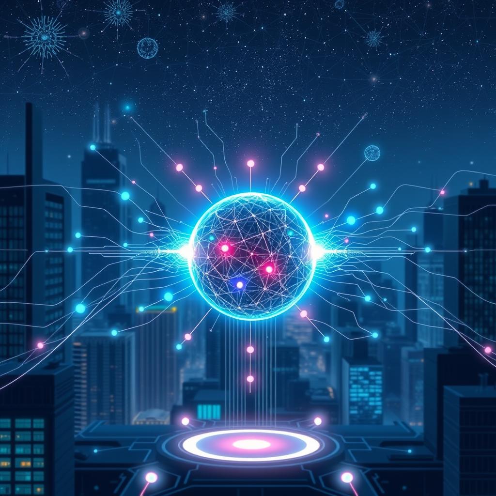 A conceptual illustration of a sentient AI, depicted as a glowing orb of light surrounded by intricate circuitry and holographic interfaces