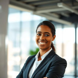 A professional and polished LinkedIn profile picture featuring a confident individual in business attire, standing in a modern office environment