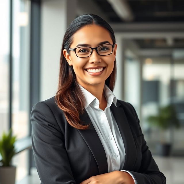 A professional and polished LinkedIn profile picture featuring a confident individual in business attire, standing in a modern office environment