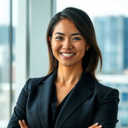 A professional and polished LinkedIn profile picture featuring a confident individual in business attire, standing in a modern office environment