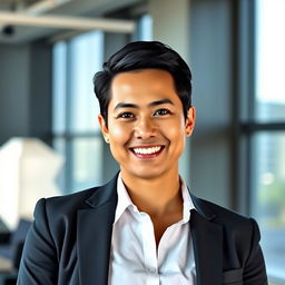 A professional and polished LinkedIn profile picture featuring a confident individual in business attire, standing in a modern office environment