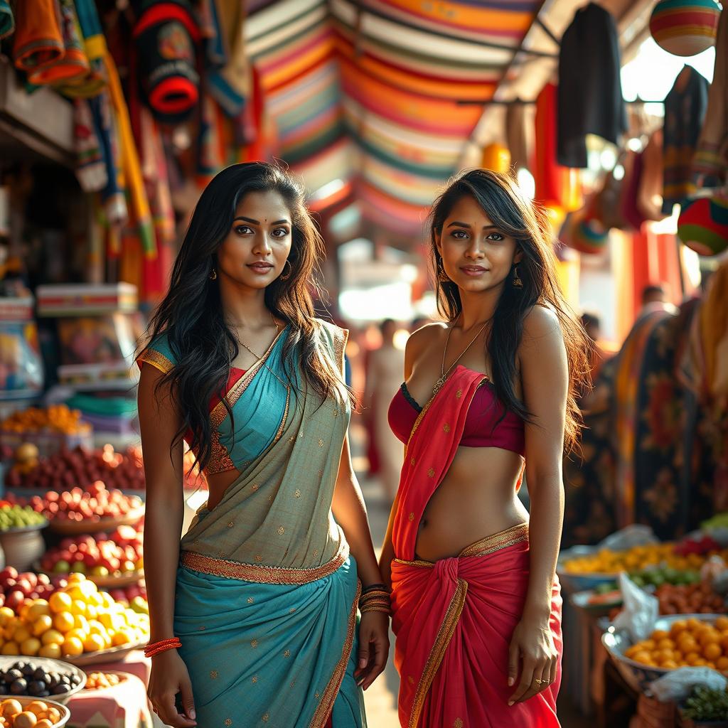 A captivating scene in a bustling Indian market filled with vibrant colors and lively people