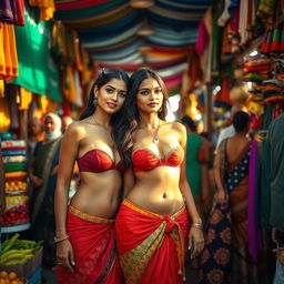 A captivating scene in a bustling Indian market filled with vibrant colors and lively people