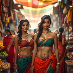 A captivating scene in a bustling Indian market filled with vibrant colors and lively people