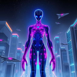 A stunning visual representation of a sentient being, embodying a seamless blend of organic and technological features