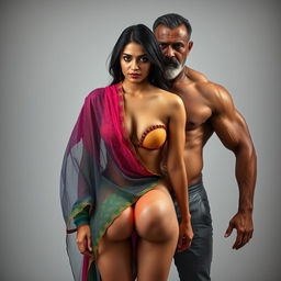 A hot and sultry photoshoot featuring a beautiful 23-year-old shy Arab woman wearing a colorful transparent saree over a strapless bikini, accentuating her sexy cleavage and thighs